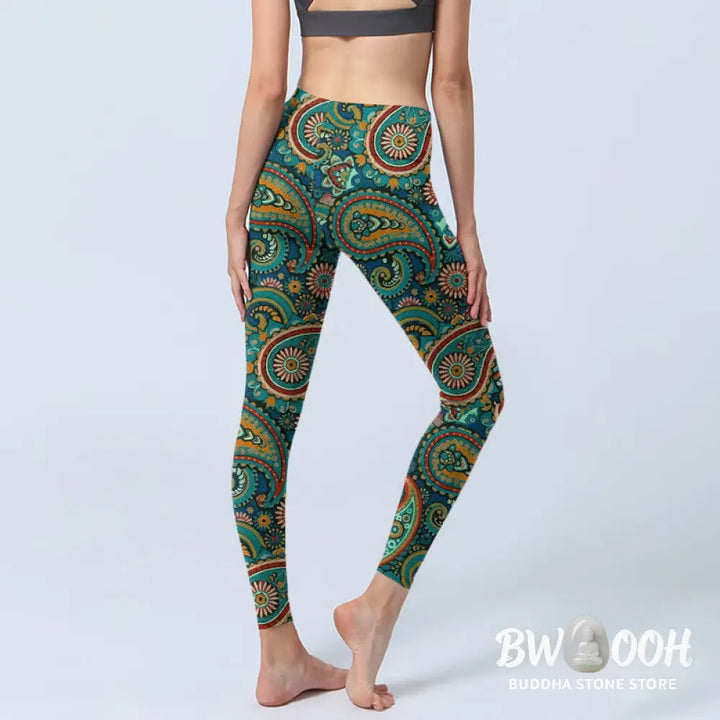 Buddha Stones Retro Paisley Pattern Print Gym Leggings Women&