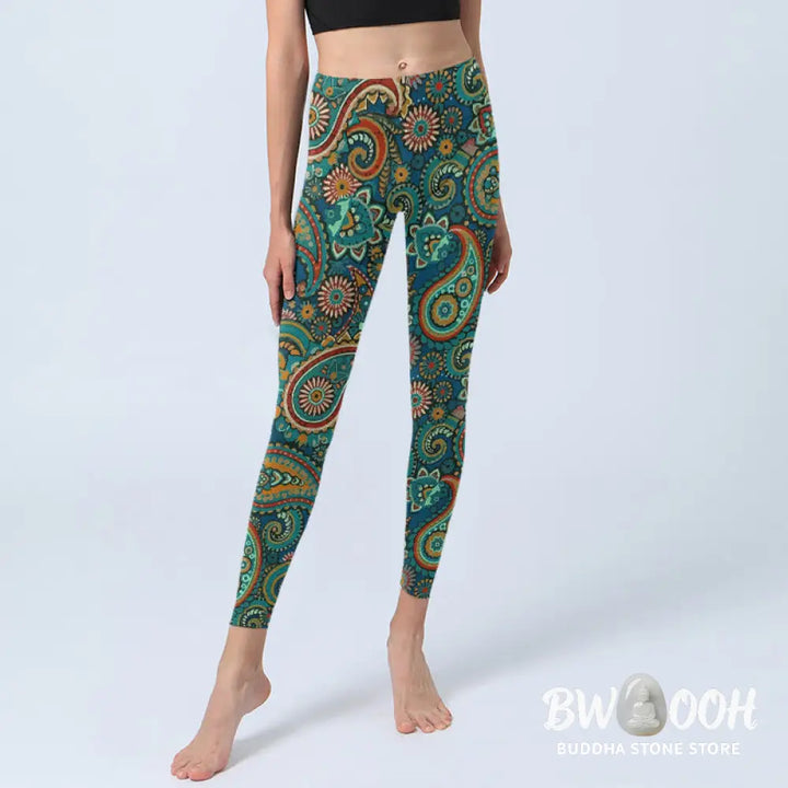 Buddha Stones Retro Paisley Pattern Print Gym Leggings Women&