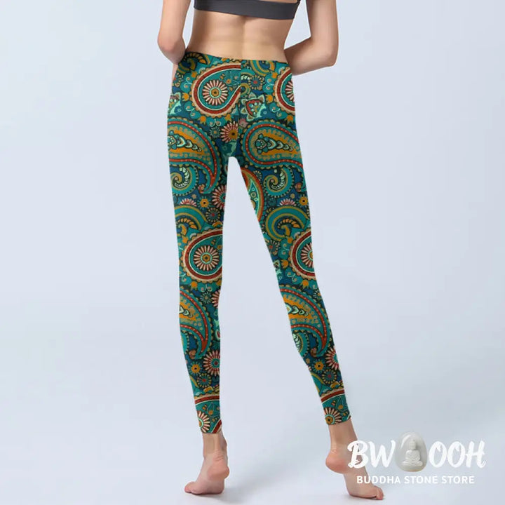 Buddha Stones Retro Paisley Pattern Print Gym Leggings Women&