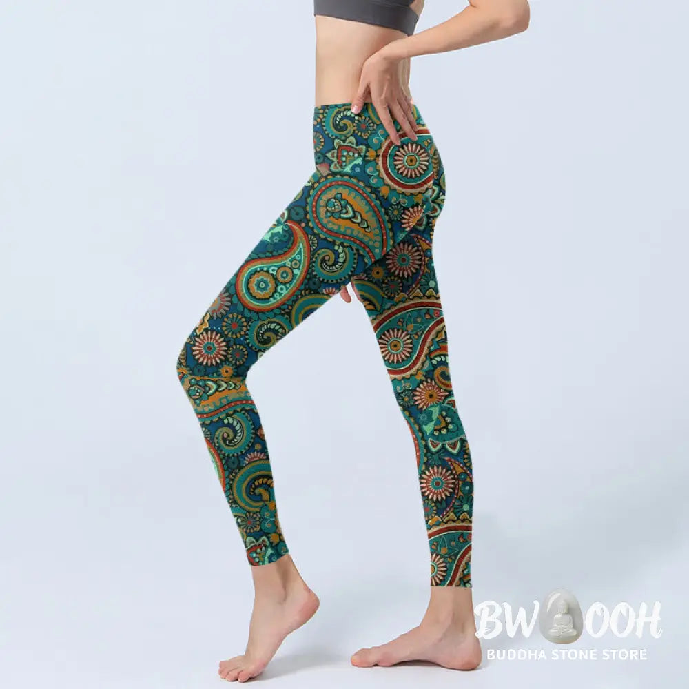 Buddha Stones Retro Paisley Pattern Print Gym Leggings Women&