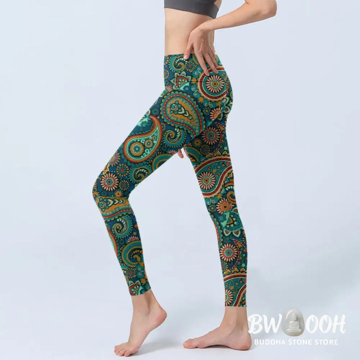 Buddha Stones Retro Paisley Pattern Print Gym Leggings Women&