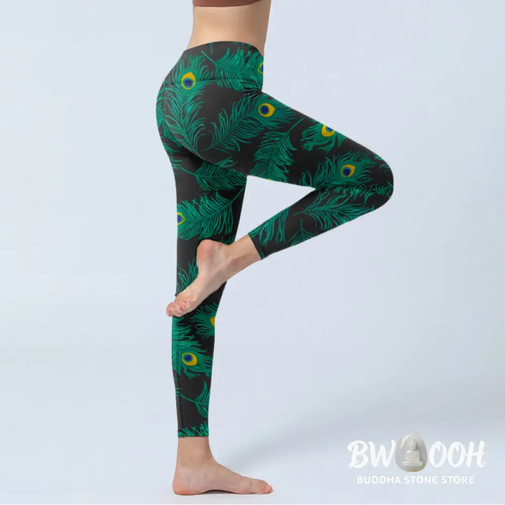 Buddha Stones Retro Peacock Feather Pattern Print Gym Leggings Women&