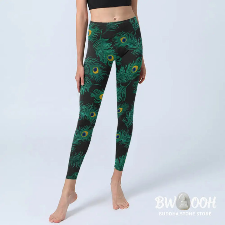 Buddha Stones Retro Peacock Feather Pattern Print Gym Leggings Women&