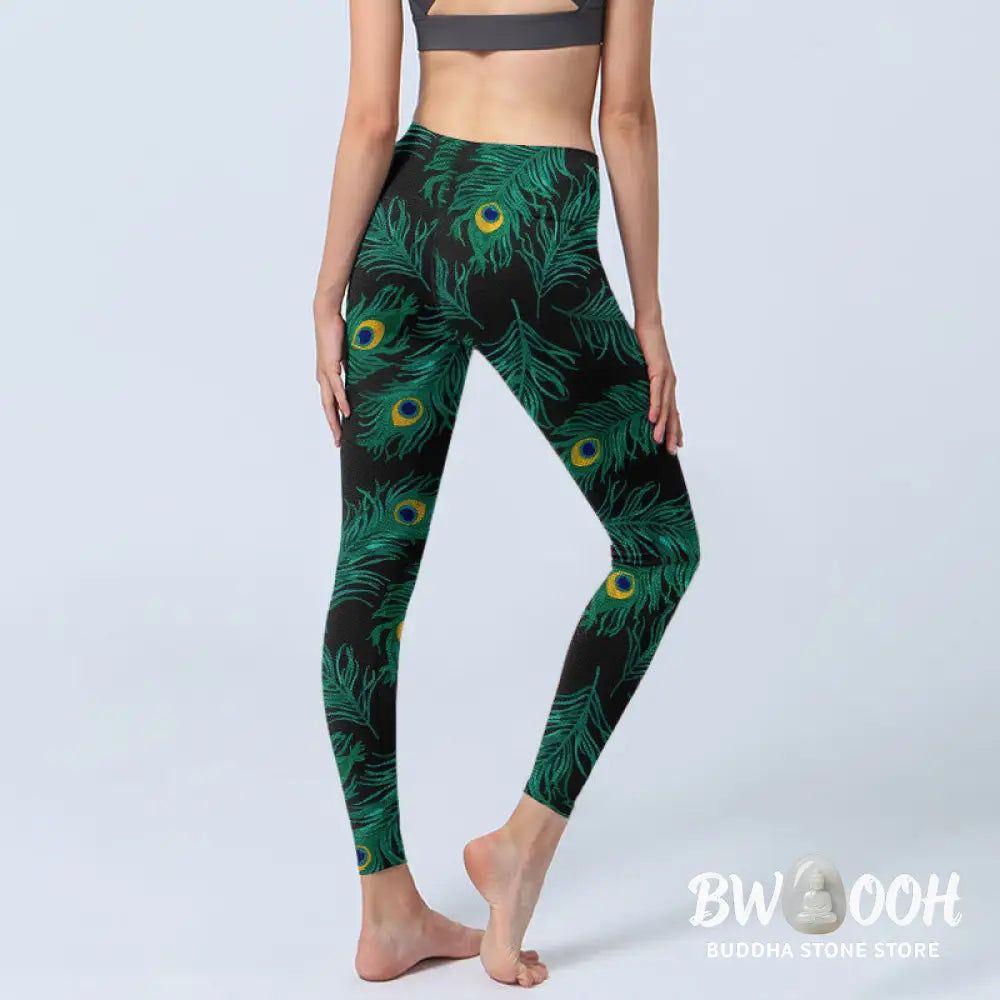 Buddha Stones Retro Peacock Feather Pattern Print Gym Leggings Women&