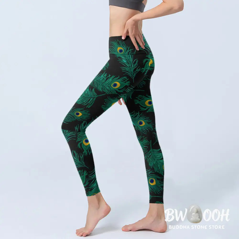 Buddha Stones Retro Peacock Feather Pattern Print Gym Leggings Women&