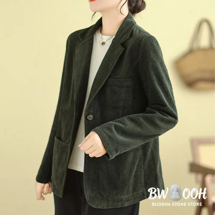 Buddha Stones Retro Plain Women’s Long Sleeve Corduroy Jacket With Pockets - Women’s Jacket