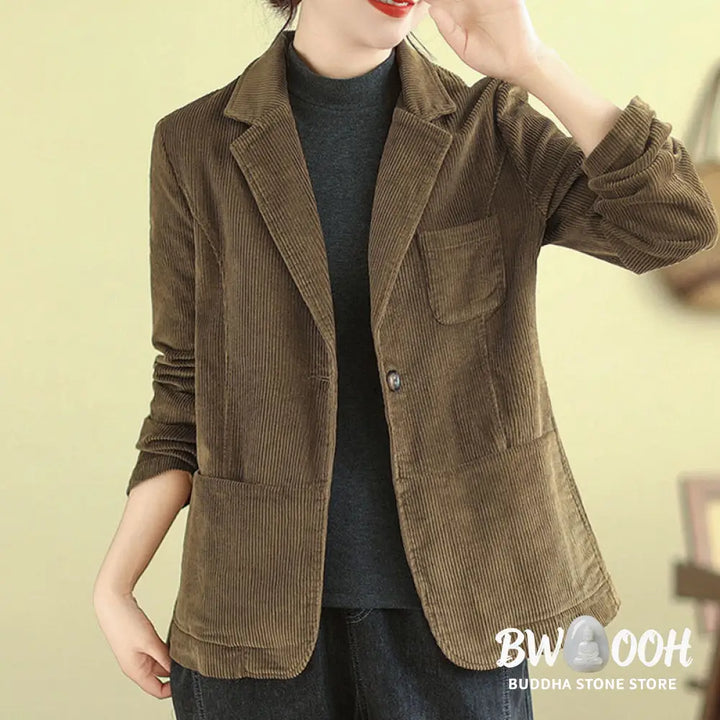 Buddha Stones Retro Plain Women’s Long Sleeve Corduroy Jacket With Pockets - Women’s Jacket