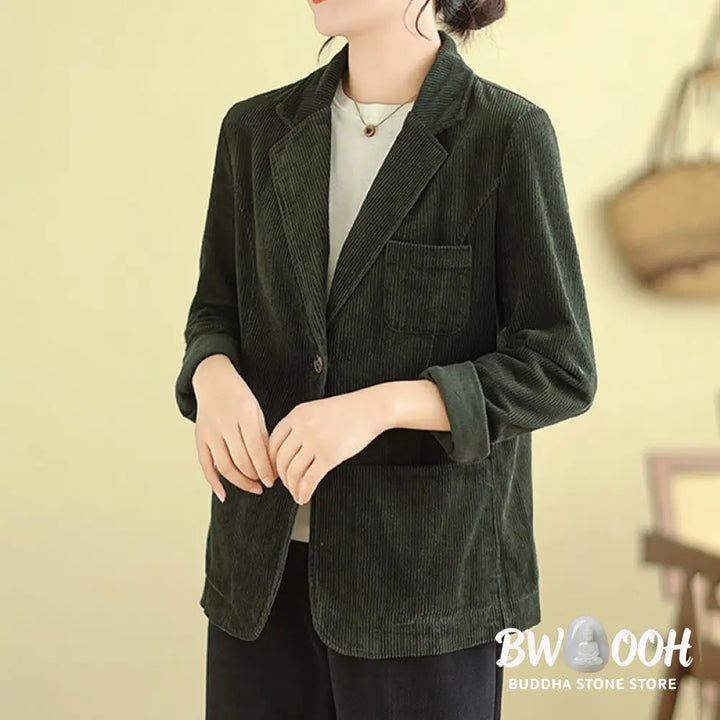 Buddha Stones Retro Plain Women’s Long Sleeve Corduroy Jacket With Pockets - Women’s Jacket