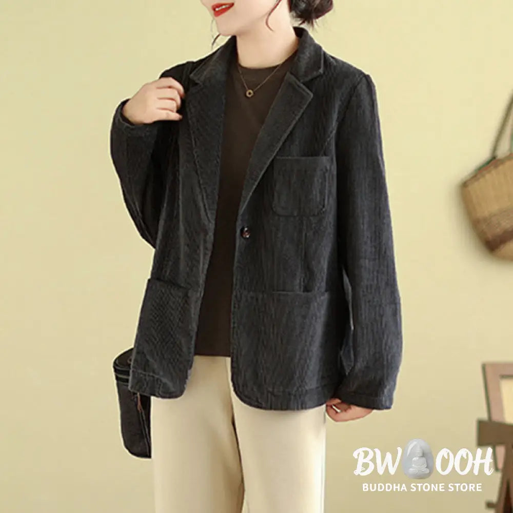 Buddha Stones Retro Plain Women’s Long Sleeve Corduroy Jacket With Pockets - Women’s Jacket