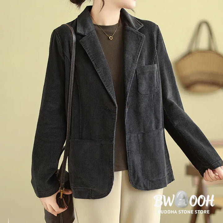Buddha Stones Retro Plain Women’s Long Sleeve Corduroy Jacket With Pockets - Women’s Jacket