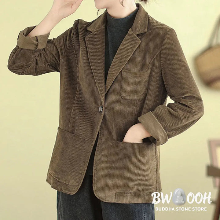 Buddha Stones Retro Plain Women’s Long Sleeve Corduroy Jacket With Pockets - Women’s Jacket