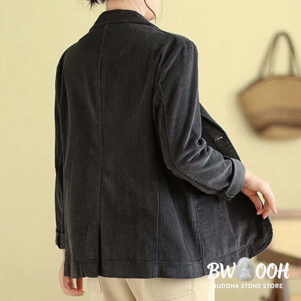 Buddha Stones Retro Plain Women’s Long Sleeve Corduroy Jacket With Pockets - Women’s Jacket