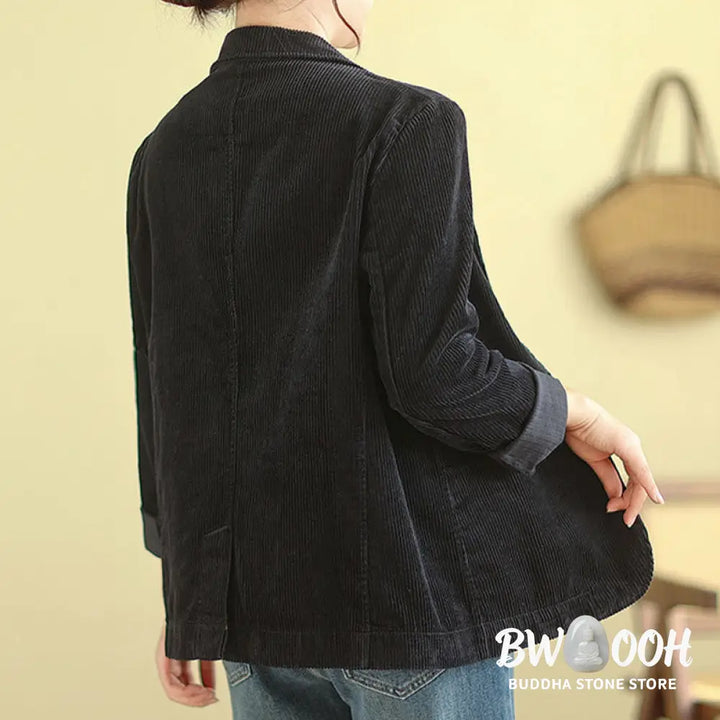Buddha Stones Retro Plain Women’s Long Sleeve Corduroy Jacket With Pockets - Women’s Jacket