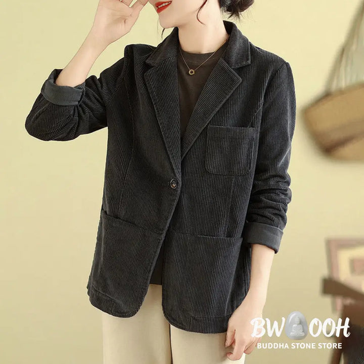 Buddha Stones Retro Plain Women’s Long Sleeve Corduroy Jacket With Pockets - Women’s Jacket