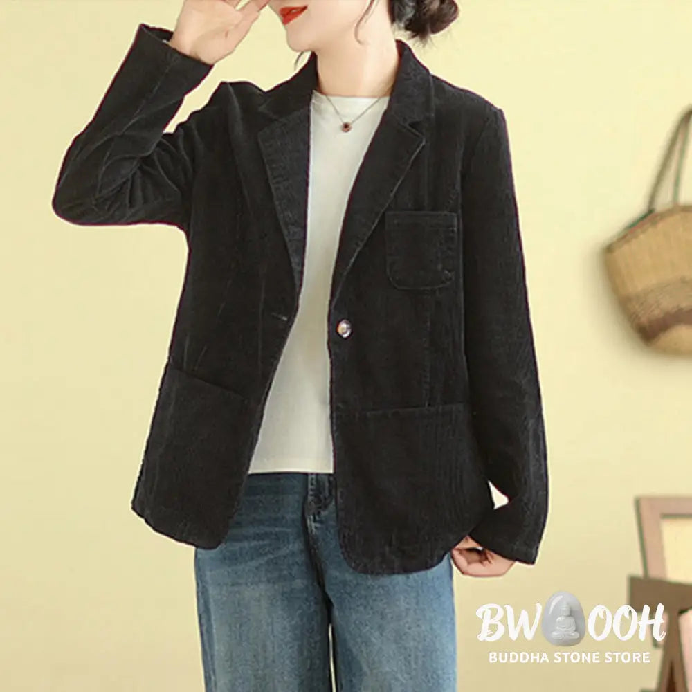 Buddha Stones Retro Plain Women’s Long Sleeve Corduroy Jacket With Pockets - Women’s Jacket