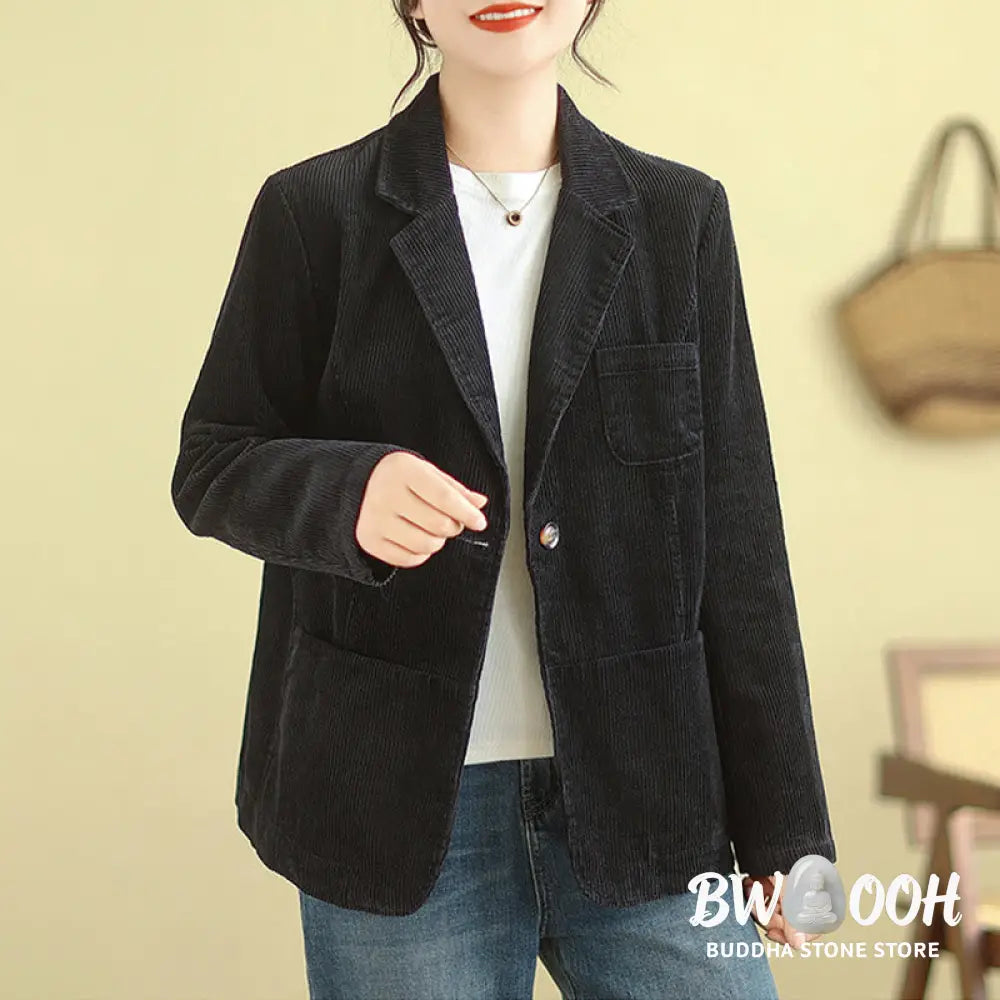 Buddha Stones Retro Plain Women’s Long Sleeve Corduroy Jacket With Pockets - Women’s Jacket