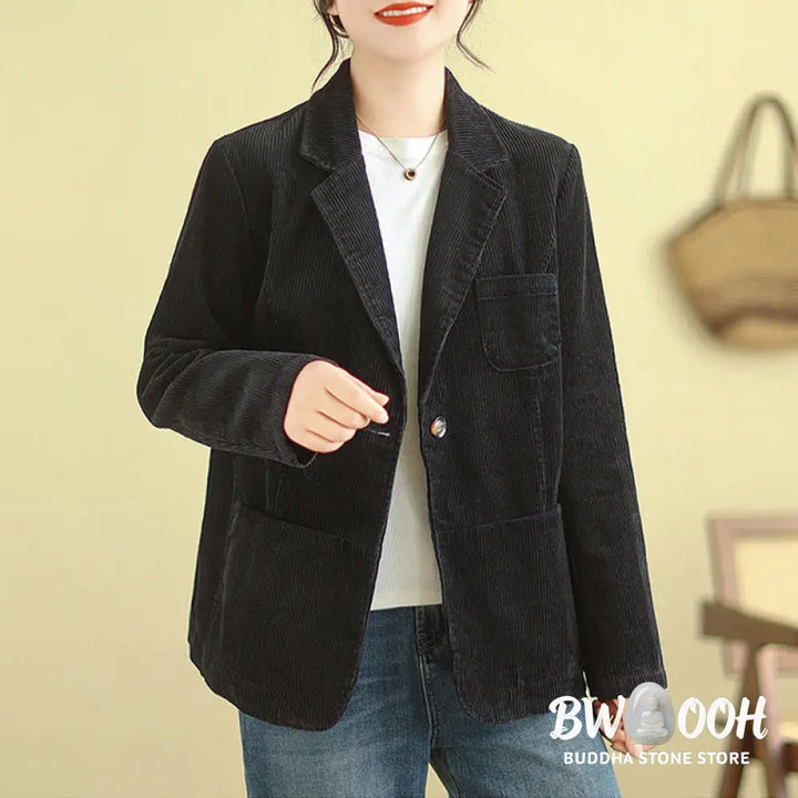 Buddha Stones Retro Plain Women’s Long Sleeve Corduroy Jacket With Pockets - Women’s Jacket