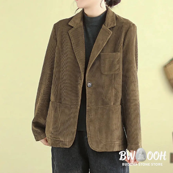 Buddha Stones Retro Plain Women’s Long Sleeve Corduroy Jacket With Pockets - Women’s Jacket