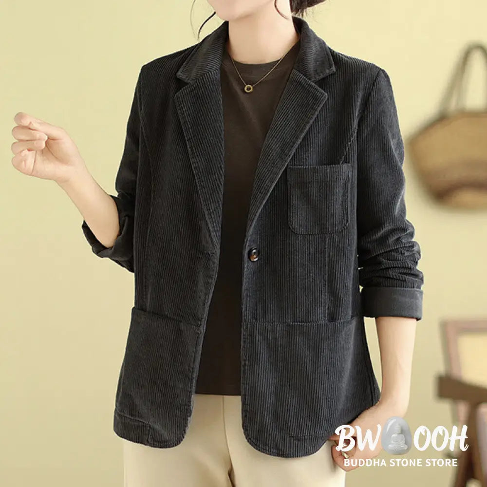 Buddha Stones Retro Plain Women’s Long Sleeve Corduroy Jacket With Pockets - Women’s Jacket