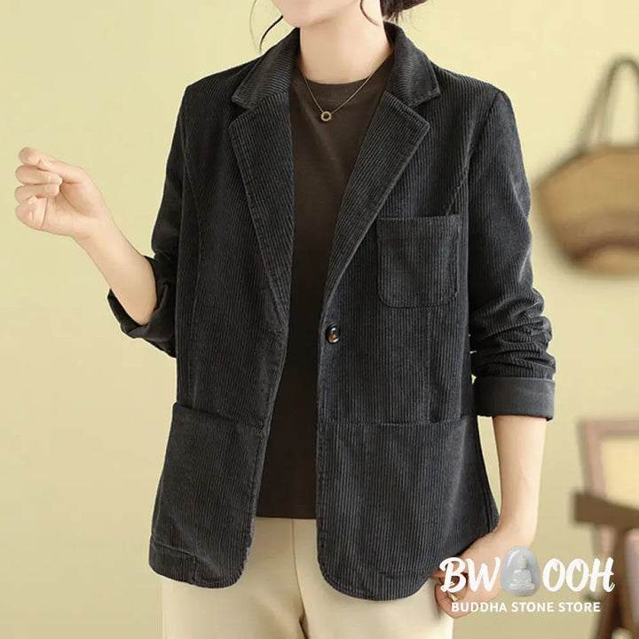 Buddha Stones Retro Plain Women’s Long Sleeve Corduroy Jacket With Pockets - Women’s Jacket