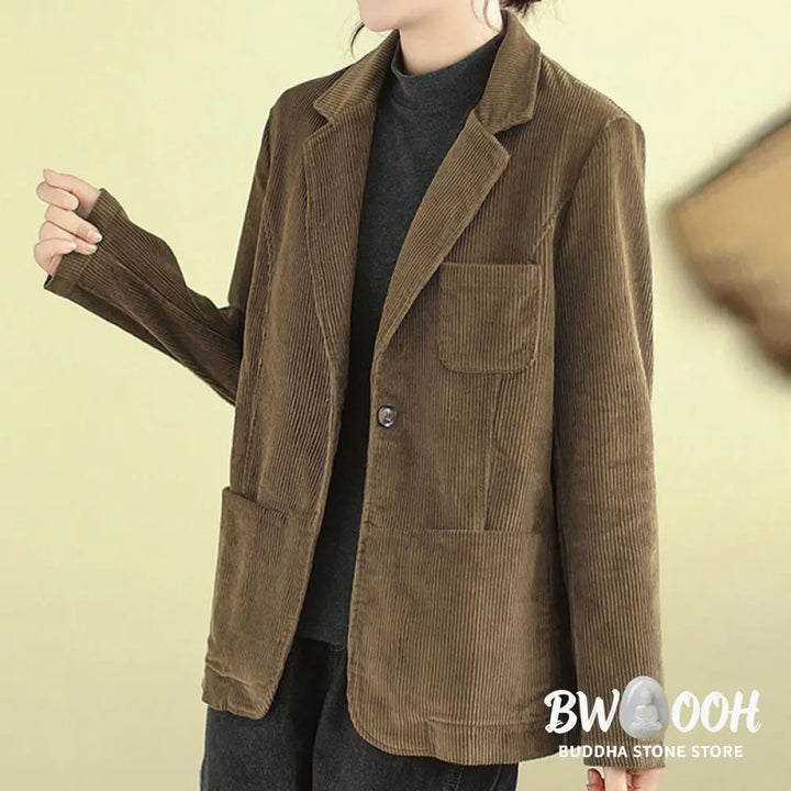 Buddha Stones Retro Plain Women’s Long Sleeve Corduroy Jacket With Pockets - Women’s Jacket