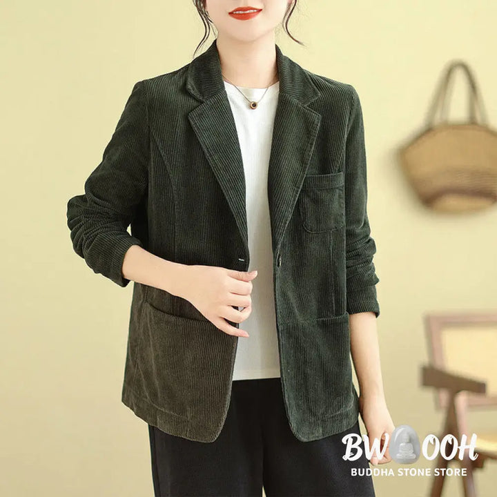 Buddha Stones Retro Plain Women’s Long Sleeve Corduroy Jacket With Pockets - Women’s Jacket