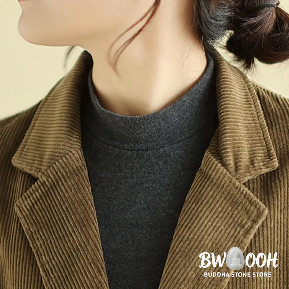 Buddha Stones Retro Plain Women’s Long Sleeve Corduroy Jacket With Pockets - Women’s Jacket