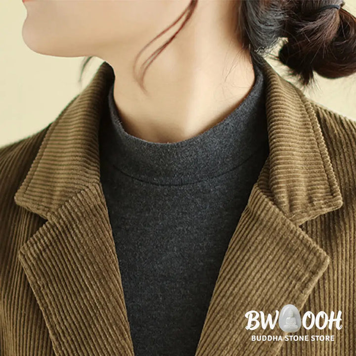 Buddha Stones Retro Plain Women’s Long Sleeve Corduroy Jacket With Pockets - Women’s Jacket