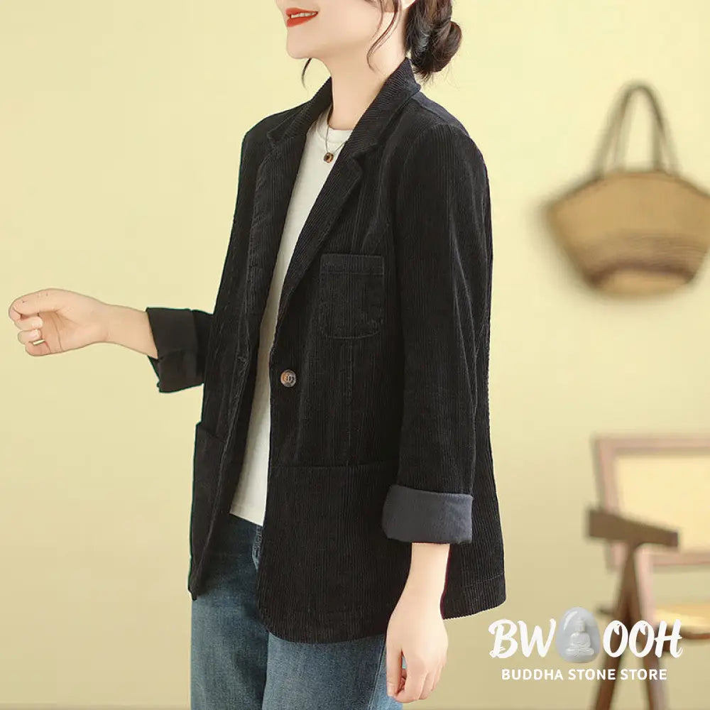 Buddha Stones Retro Plain Women’s Long Sleeve Corduroy Jacket With Pockets - Women’s Jacket
