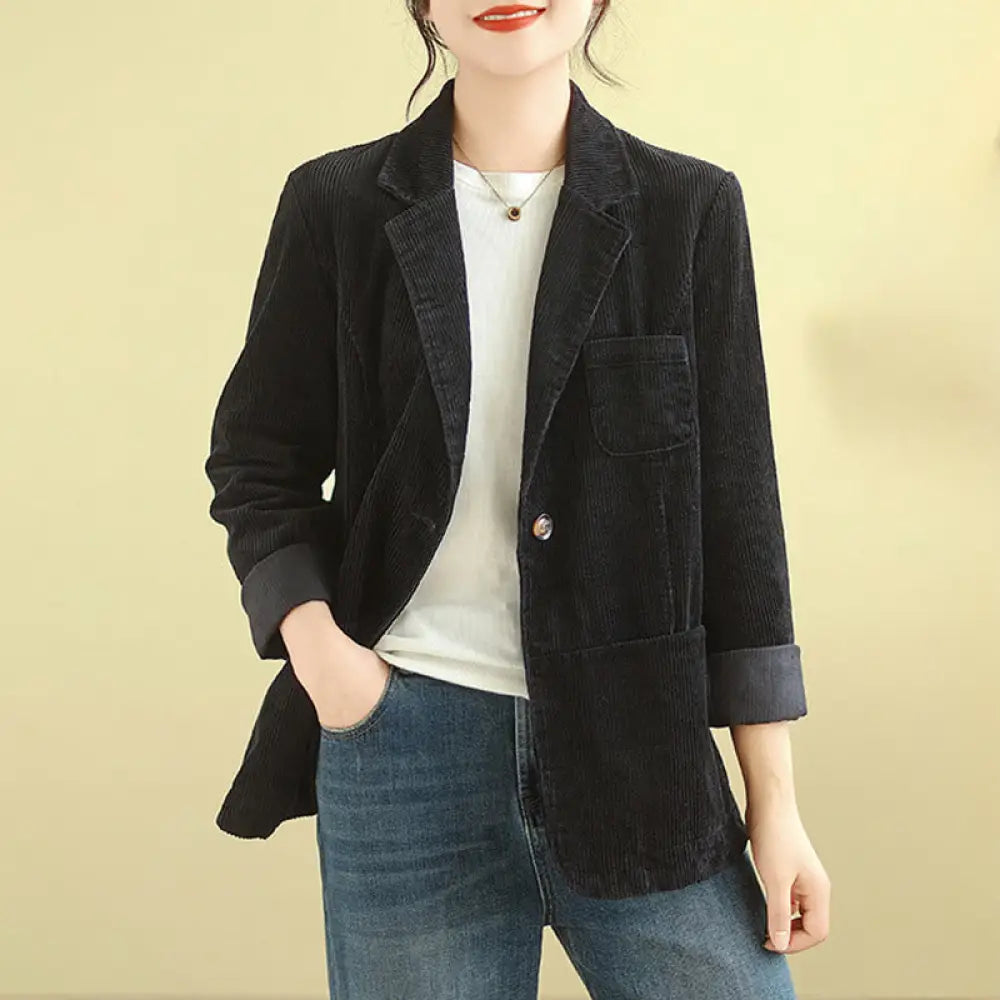 Buddha Stones Retro Plain Women’s Long Sleeve Corduroy Jacket With Pockets - Black / US4，UK/AU8，EU36 (M) - Women’s