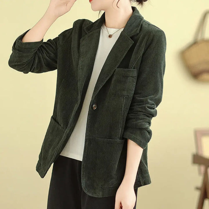 Buddha Stones Retro Plain Women’s Long Sleeve Corduroy Jacket With Pockets - DarkOliveGreen / US4，UK/AU8，EU36 (M)