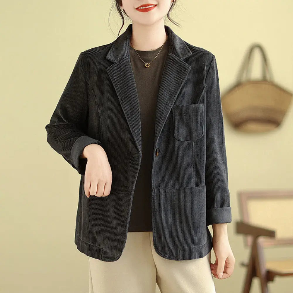 Buddha Stones Retro Plain Women’s Long Sleeve Corduroy Jacket With Pockets - DimGray / US4，UK/AU8，EU36 (M) - Women’s