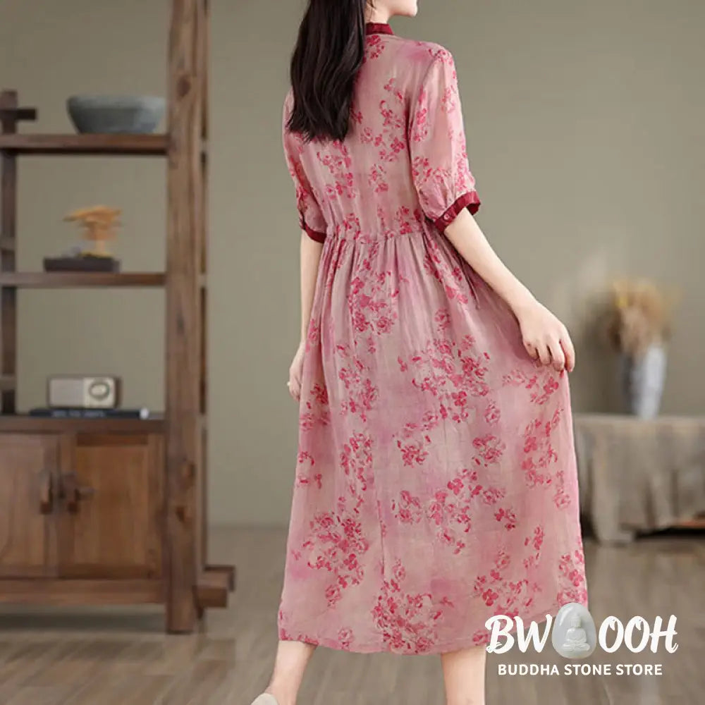 Buddha Stones Retro Printing Floral Pattern Drawstring Design Half Sleeve Cotton Midi Dress With Pockets - Midi Dress