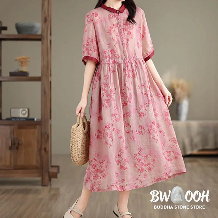 Buddha Stones Retro Printing Floral Pattern Drawstring Design Half Sleeve Cotton Midi Dress With Pockets - Midi Dress