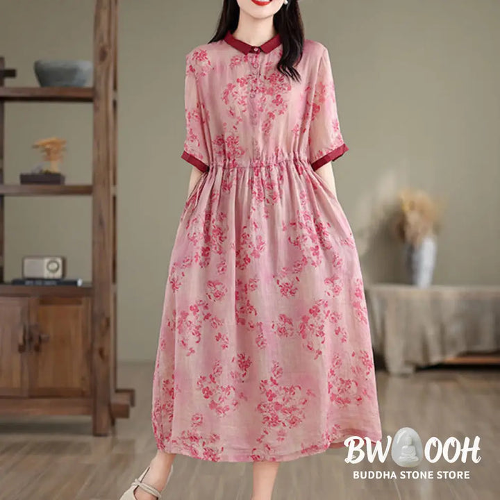 Buddha Stones Retro Printing Floral Pattern Drawstring Design Half Sleeve Cotton Midi Dress With Pockets - Midi Dress