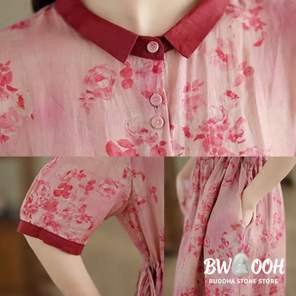 Buddha Stones Retro Printing Floral Pattern Drawstring Design Half Sleeve Cotton Midi Dress With Pockets - Midi Dress