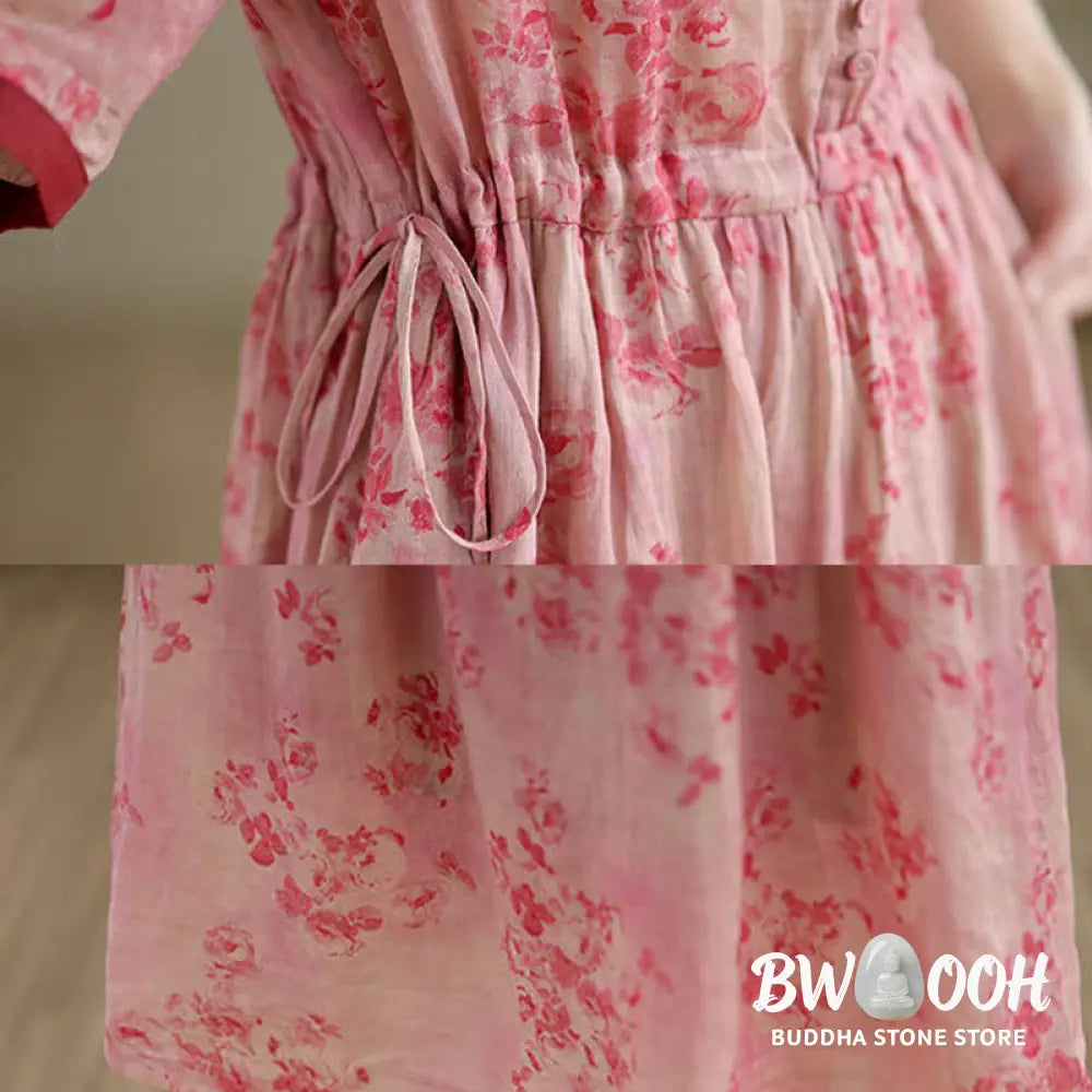 Buddha Stones Retro Printing Floral Pattern Drawstring Design Half Sleeve Cotton Midi Dress With Pockets - Midi Dress
