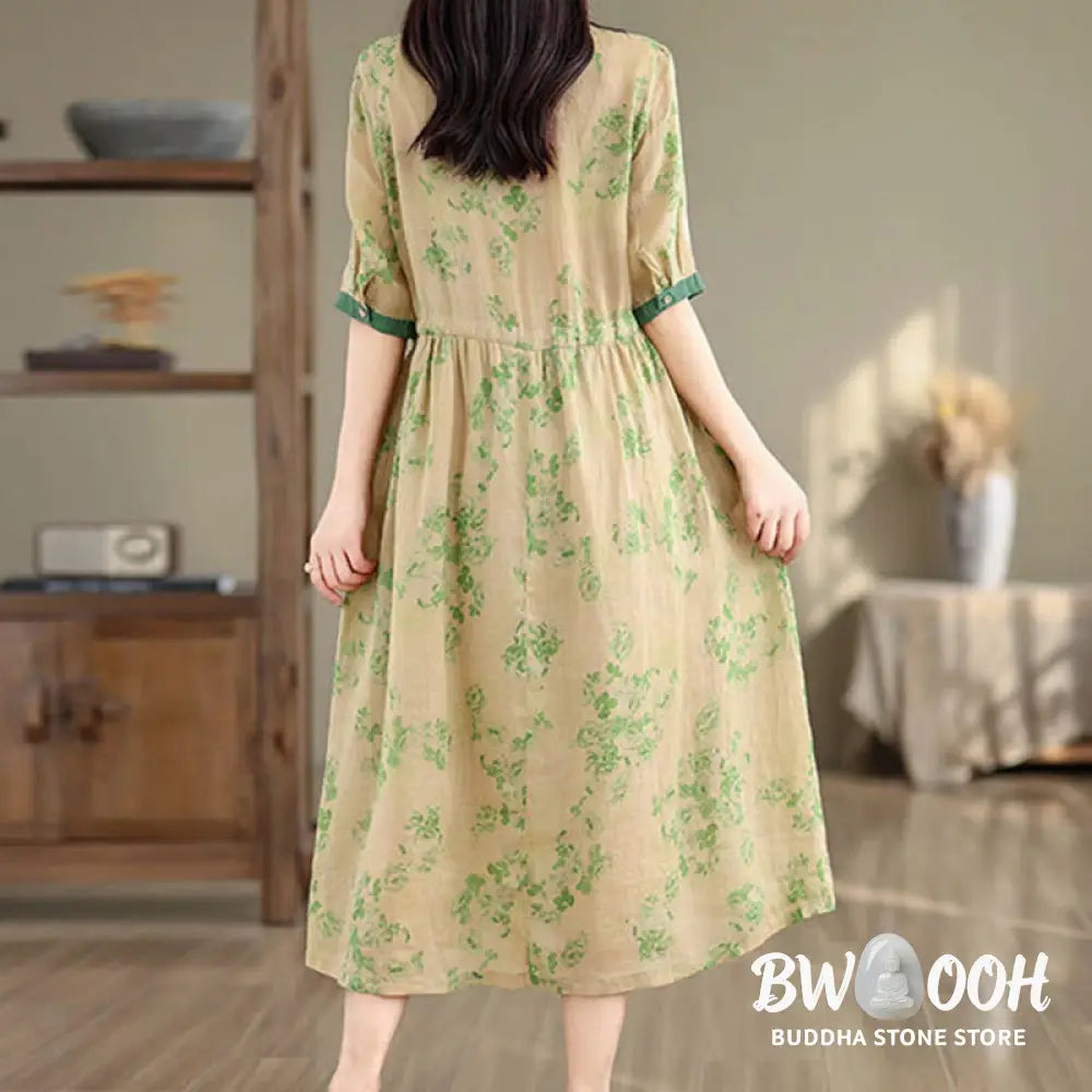 Buddha Stones Retro Printing Floral Pattern Drawstring Design Half Sleeve Cotton Midi Dress With Pockets - Midi Dress
