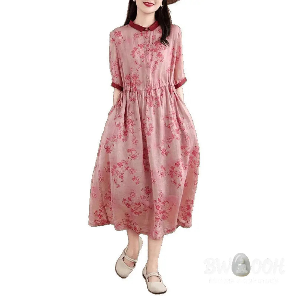 Buddha Stones Retro Printing Floral Pattern Drawstring Design Half Sleeve Cotton Midi Dress With Pockets - Midi Dress