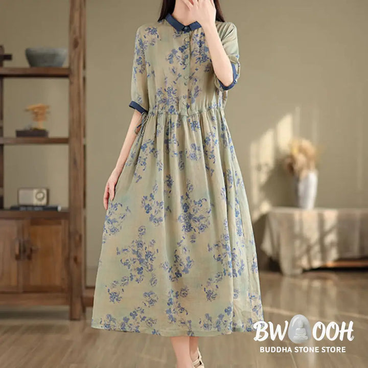 Buddha Stones Retro Printing Floral Pattern Drawstring Design Half Sleeve Cotton Midi Dress With Pockets - Midi Dress
