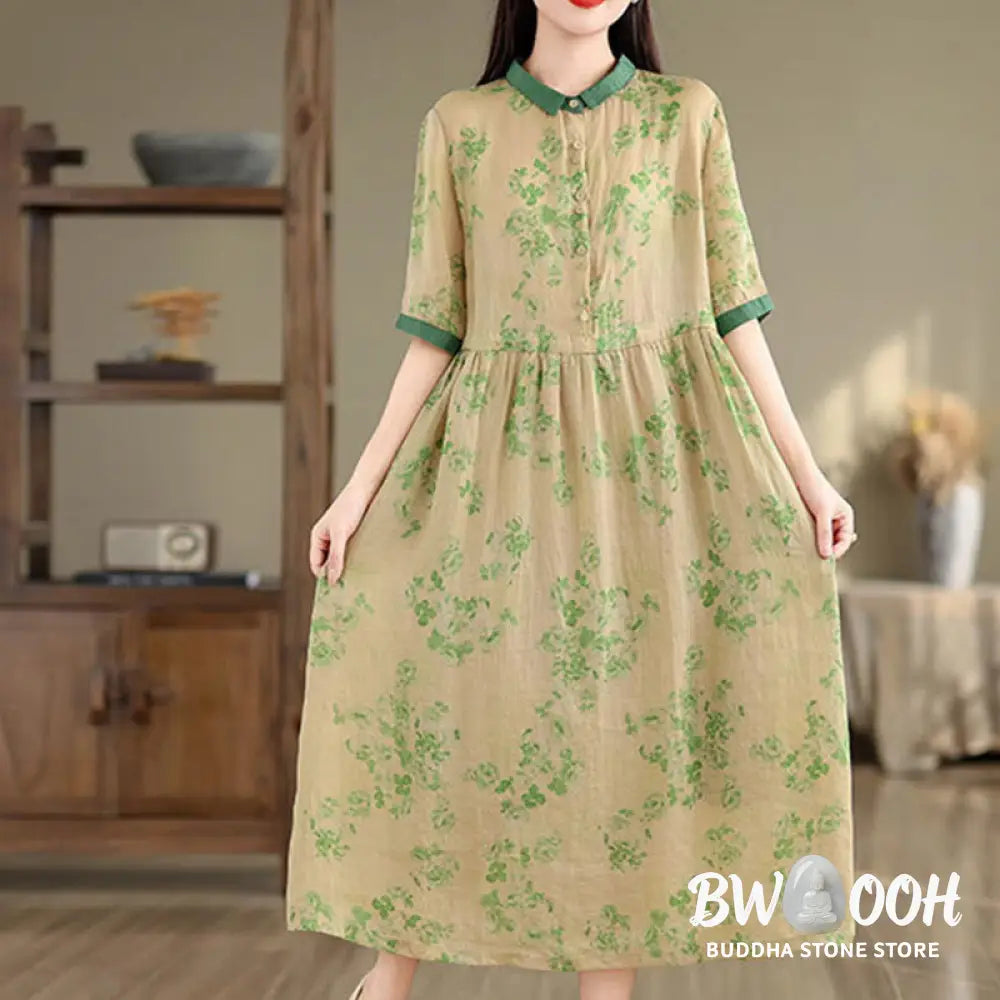 Buddha Stones Retro Printing Floral Pattern Drawstring Design Half Sleeve Cotton Midi Dress With Pockets - Midi Dress
