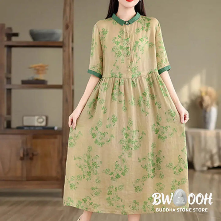 Buddha Stones Retro Printing Floral Pattern Drawstring Design Half Sleeve Cotton Midi Dress With Pockets - Midi Dress