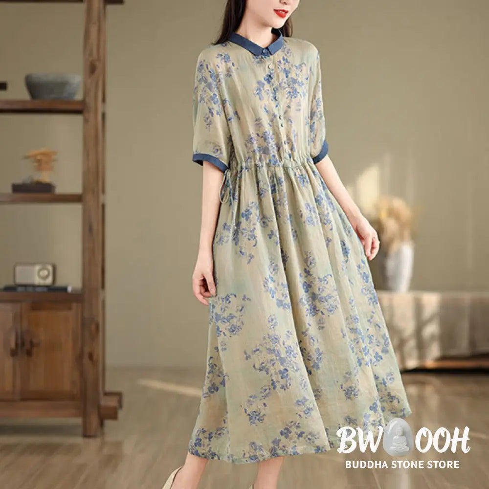 Buddha Stones Retro Printing Floral Pattern Drawstring Design Half Sleeve Cotton Midi Dress With Pockets - Midi Dress