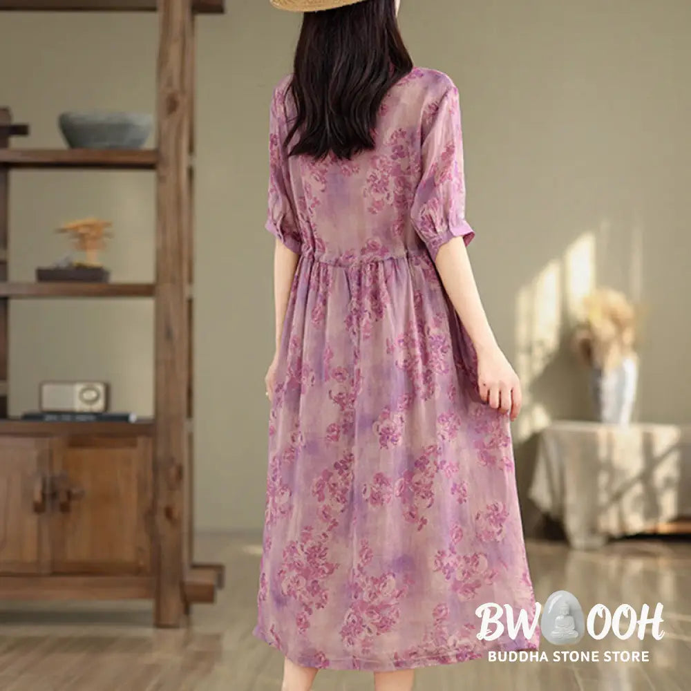 Buddha Stones Retro Printing Floral Pattern Drawstring Design Half Sleeve Cotton Midi Dress With Pockets - Midi Dress