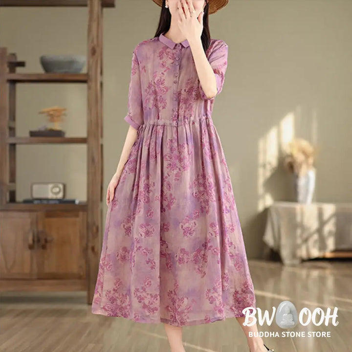 Buddha Stones Retro Printing Floral Pattern Drawstring Design Half Sleeve Cotton Midi Dress With Pockets - Midi Dress