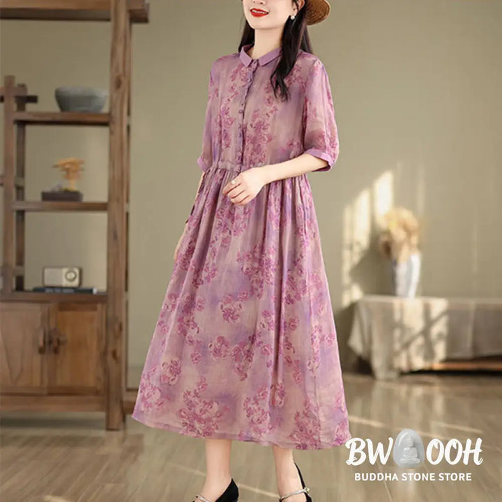 Buddha Stones Retro Printing Floral Pattern Drawstring Design Half Sleeve Cotton Midi Dress With Pockets - Midi Dress