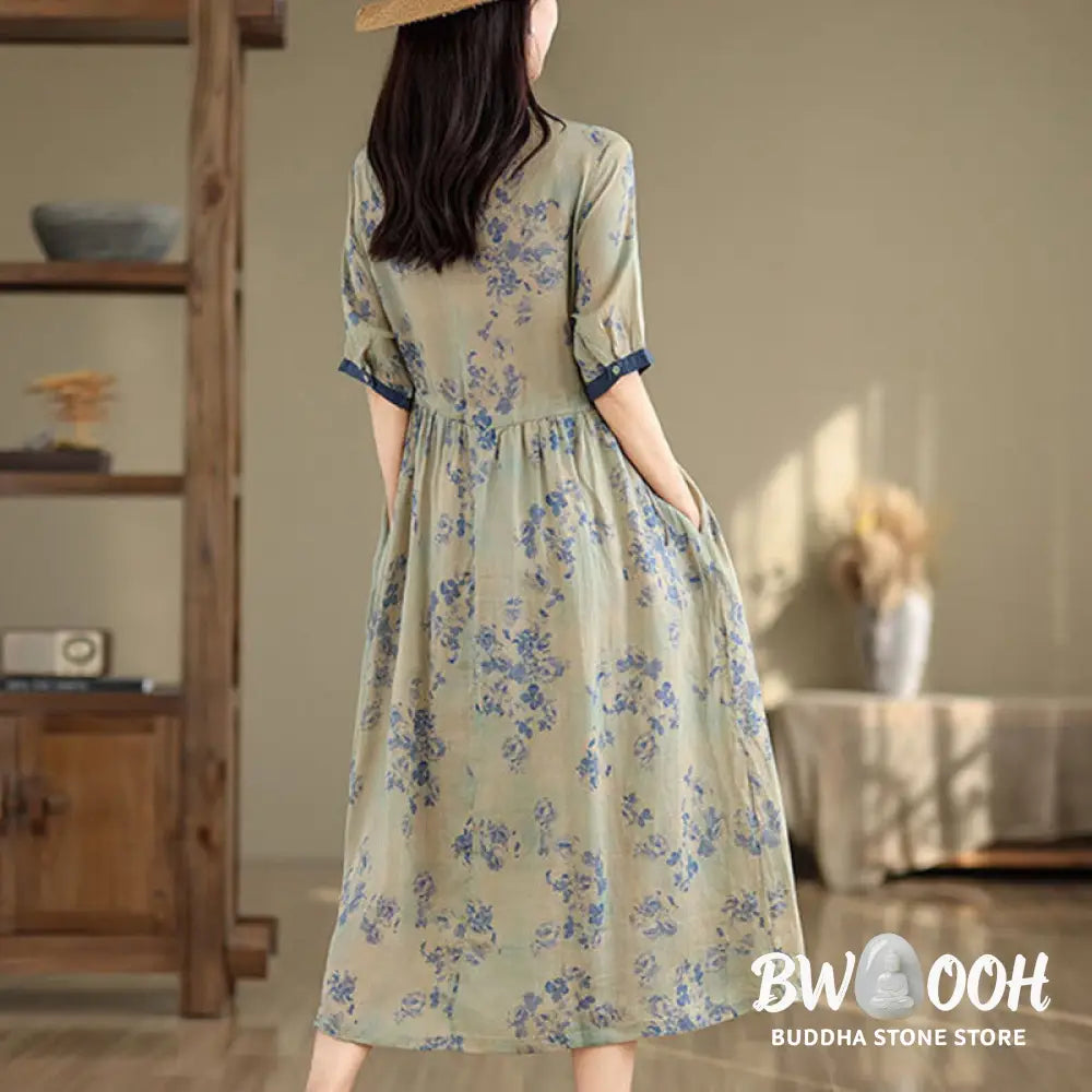 Buddha Stones Retro Printing Floral Pattern Drawstring Design Half Sleeve Cotton Midi Dress With Pockets - Midi Dress