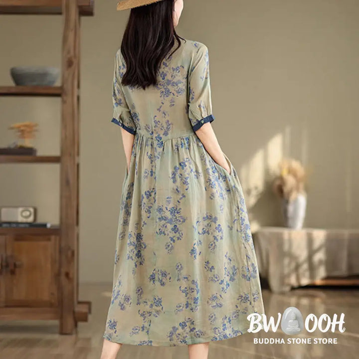 Buddha Stones Retro Printing Floral Pattern Drawstring Design Half Sleeve Cotton Midi Dress With Pockets - Midi Dress