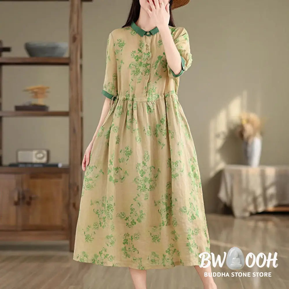 Buddha Stones Retro Printing Floral Pattern Drawstring Design Half Sleeve Cotton Midi Dress With Pockets - Midi Dress