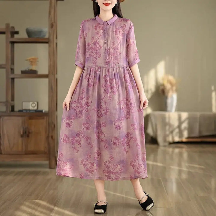 Buddha Stones Retro Printing Floral Pattern Drawstring Design Half Sleeve Cotton Midi Dress With Pockets - Magenta